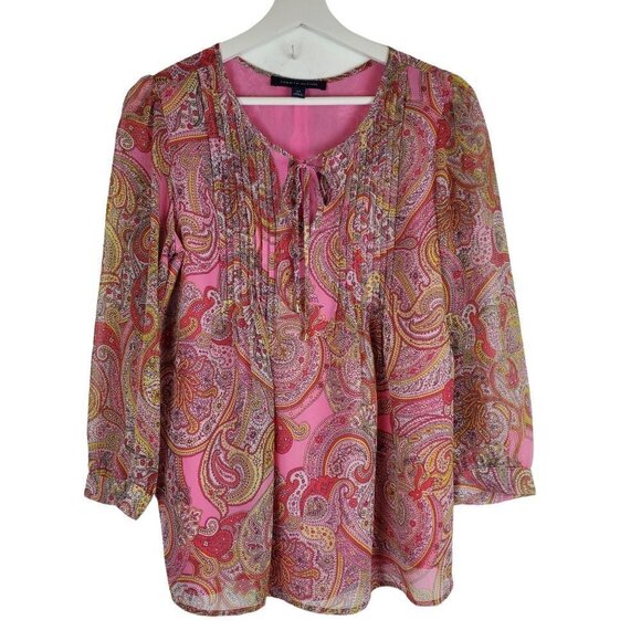 Tommy Hilfiger S Pink Paisley V-neck blouse 3/4 sleeves Retro Colorful - Picture 2 of 11